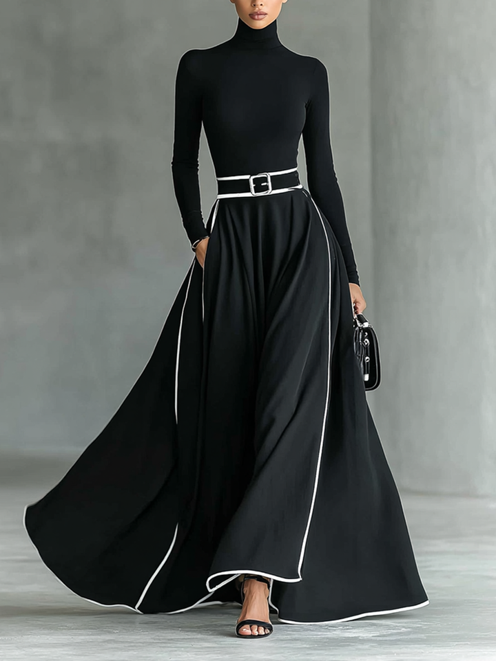 Gina – Robe Maxi Femme Noire avec Coutures Blanches et Col Montant, Manches Longues, Taille Cintrée