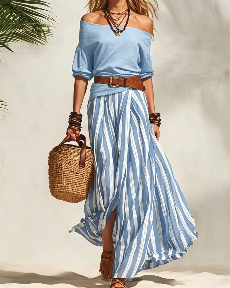 MADISON | Ensemble Jupe Maxi Rayée avec Top Off-Shoulder