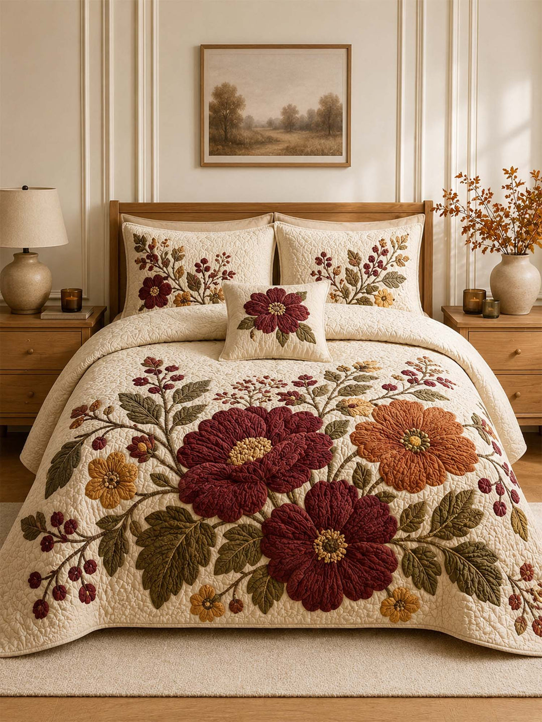 Ensemble de literie matelassé floral vintage 3 pièces