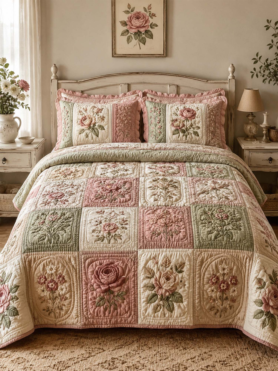 Ensemble de literie matelassé floral vintage 3 pièces