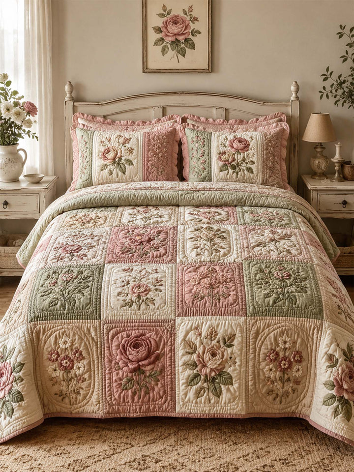 Ensemble de literie matelassé floral vintage 3 pièces