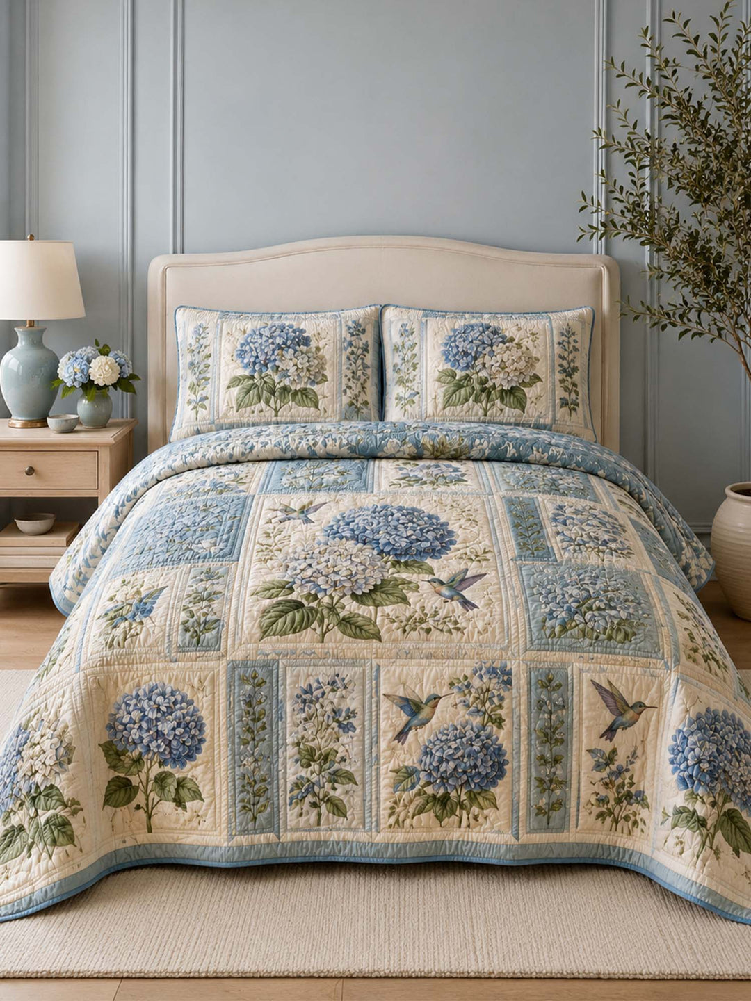 Ensemble de literie matelassé 3 pièces Hortensia Bleu