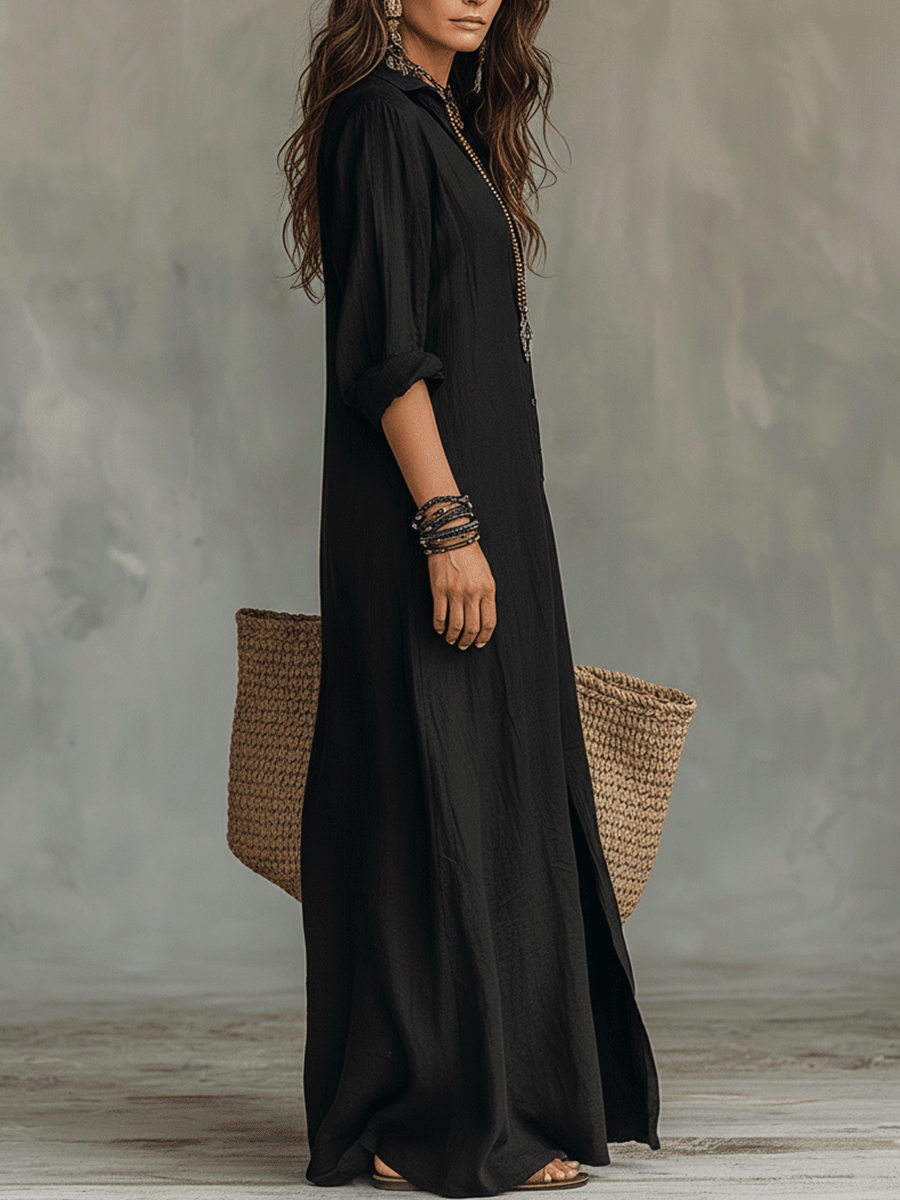 Robe Maxi Chemise Bohème à Boutons Noirs