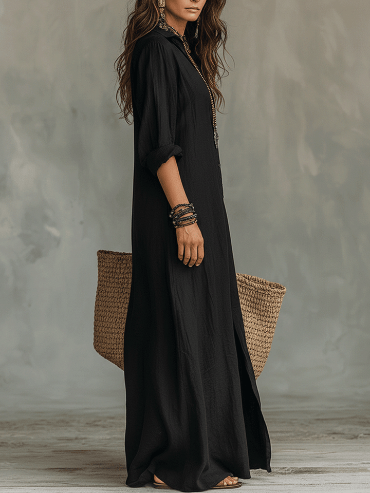 Robe Maxi Chemise Bohème à Boutons Noirs