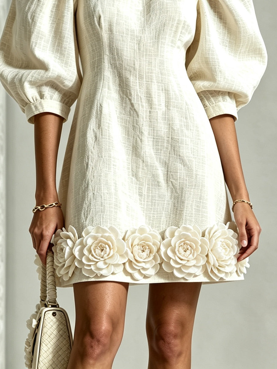 Cressida | Robe en Coton-Lin avec Manches Bouffantes 3D