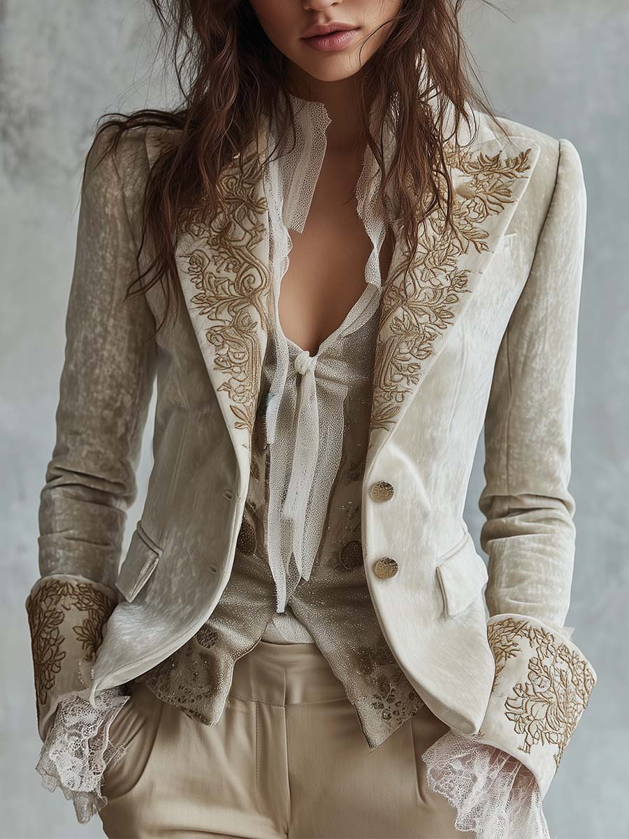 Blazer Tailleur Brodé Ivoire pour Femmes