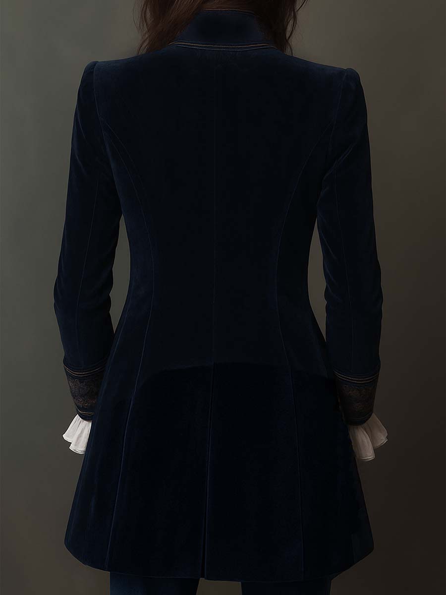 Veste Longue Vintage Brodée Marine pour Femmes