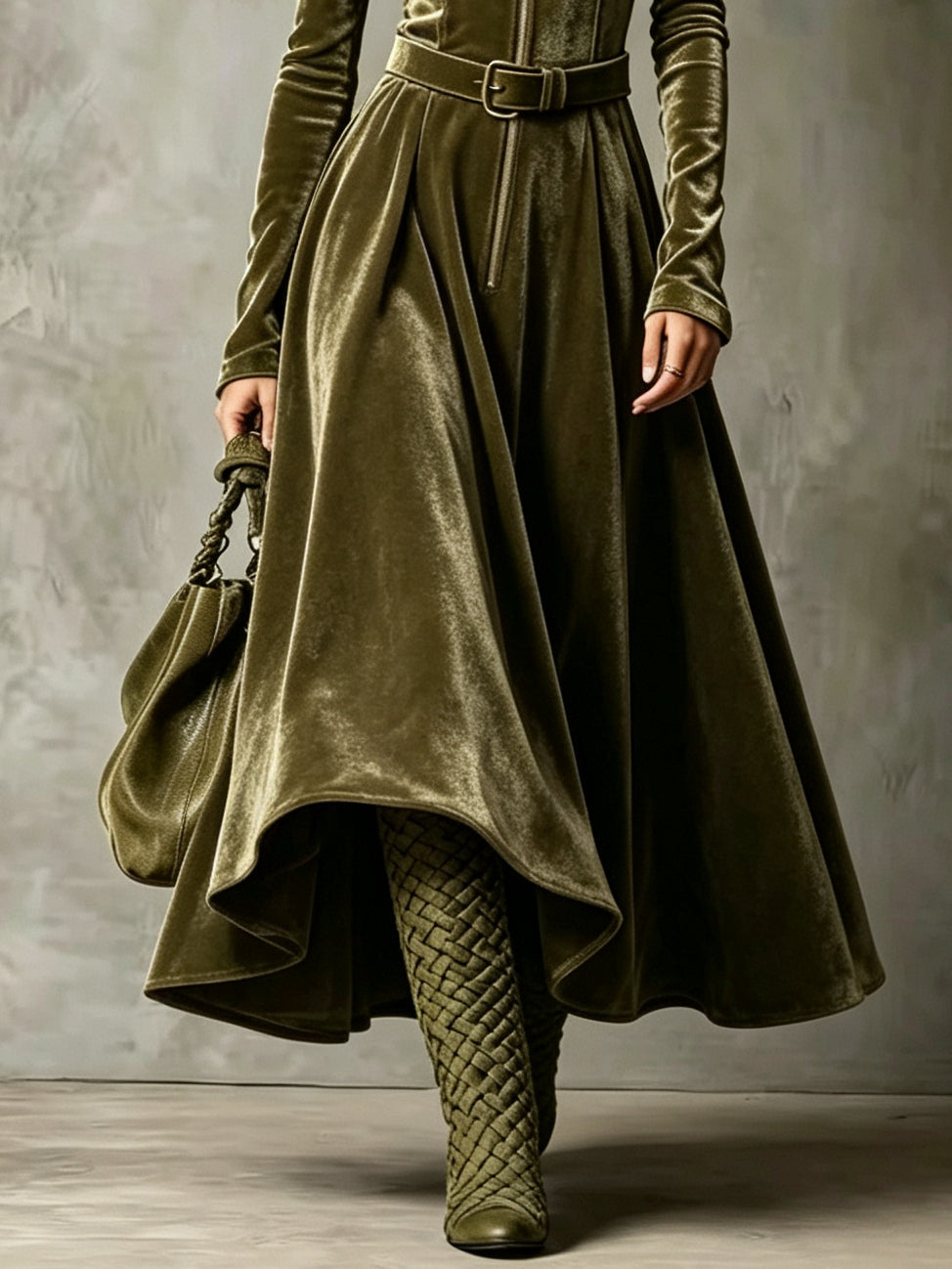 Raffaella | Robe longue en velours vert olive avec zip frontal de style vintage (ceinture incluse)