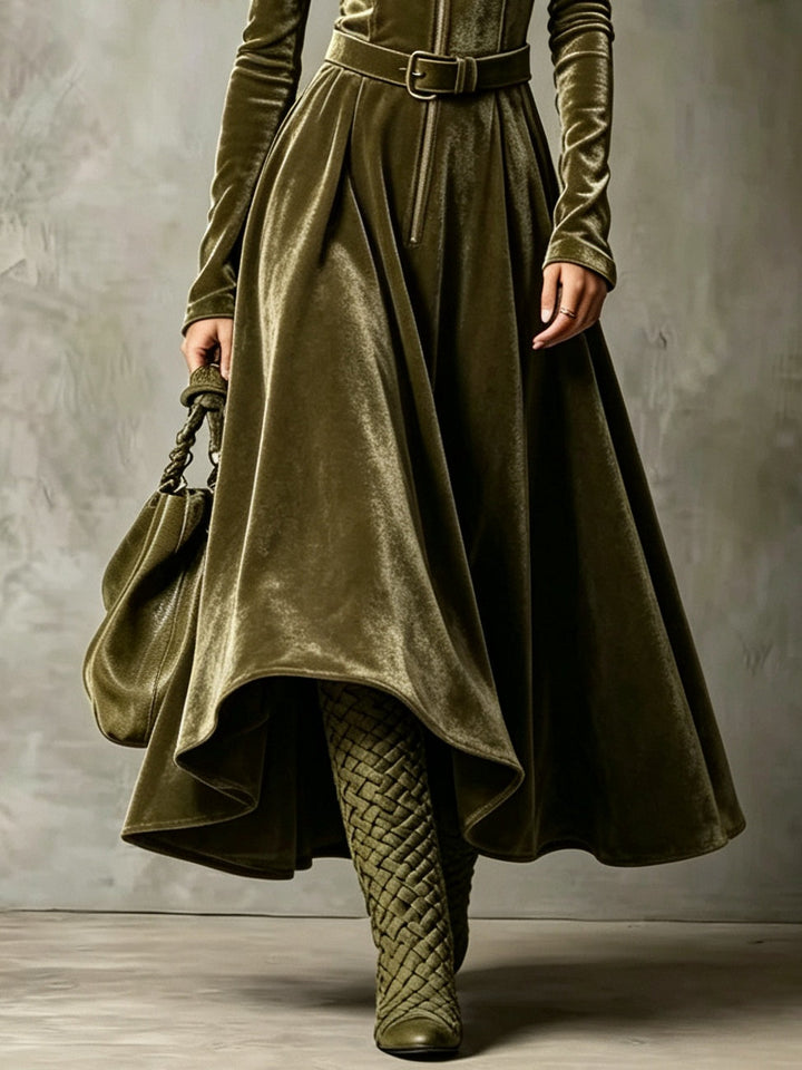 Raffaella | Robe longue en velours vert olive avec zip frontal de style vintage (ceinture incluse)