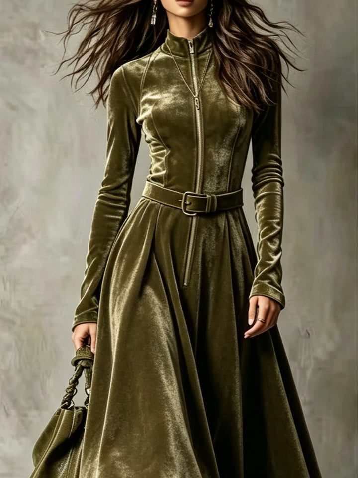 Raffaella | Robe longue en velours vert olive avec zip frontal de style vintage (ceinture incluse)