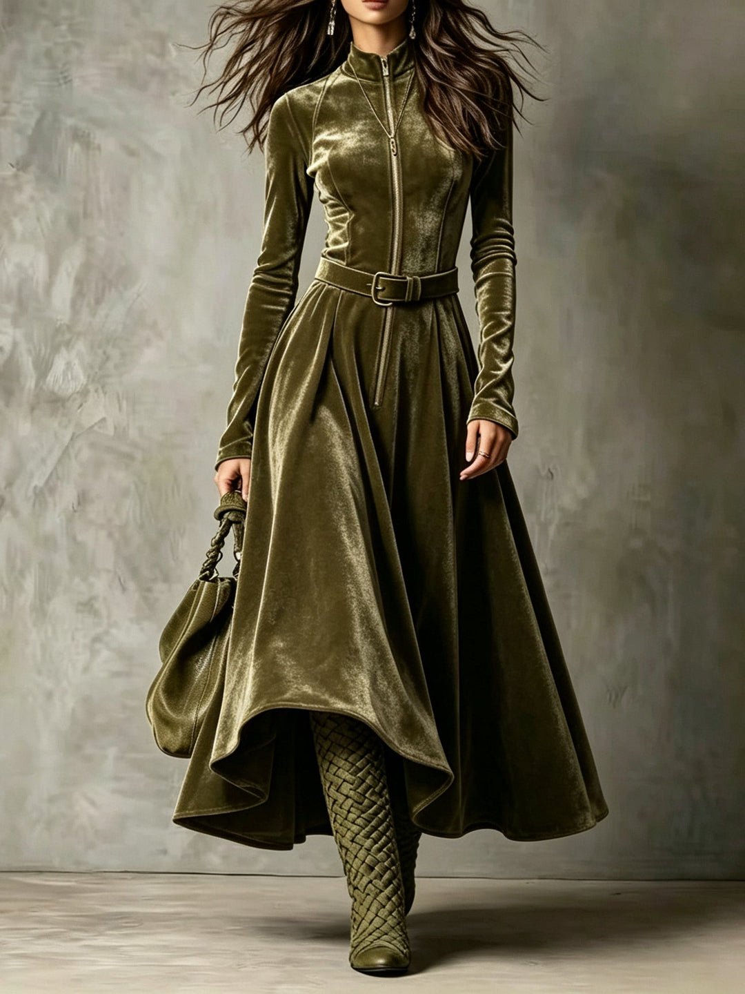 Raffaella | Robe longue en velours vert olive avec zip frontal de style vintage (ceinture incluse)