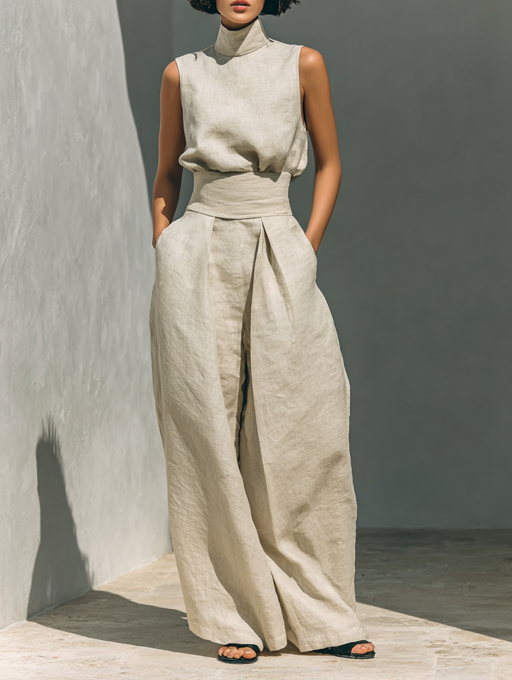 Ensemble minimaliste pour femmes avec blouse sans manches et pantalon large