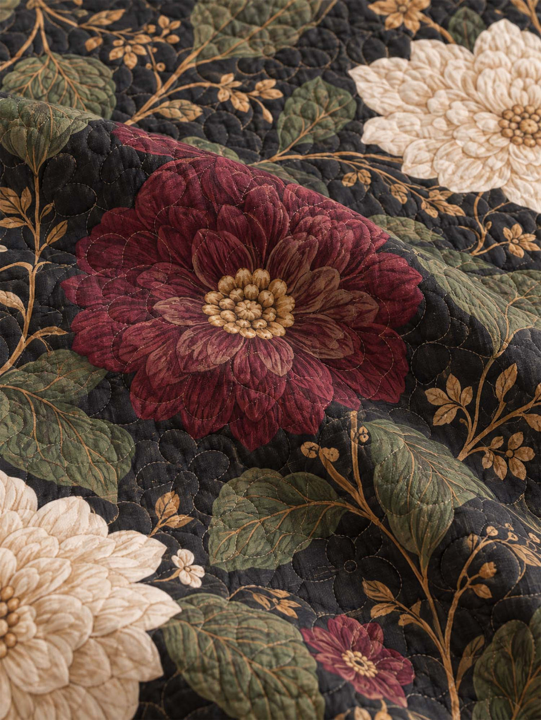 Ensemble de literie matelassé floral botanique sombre 3 pièces