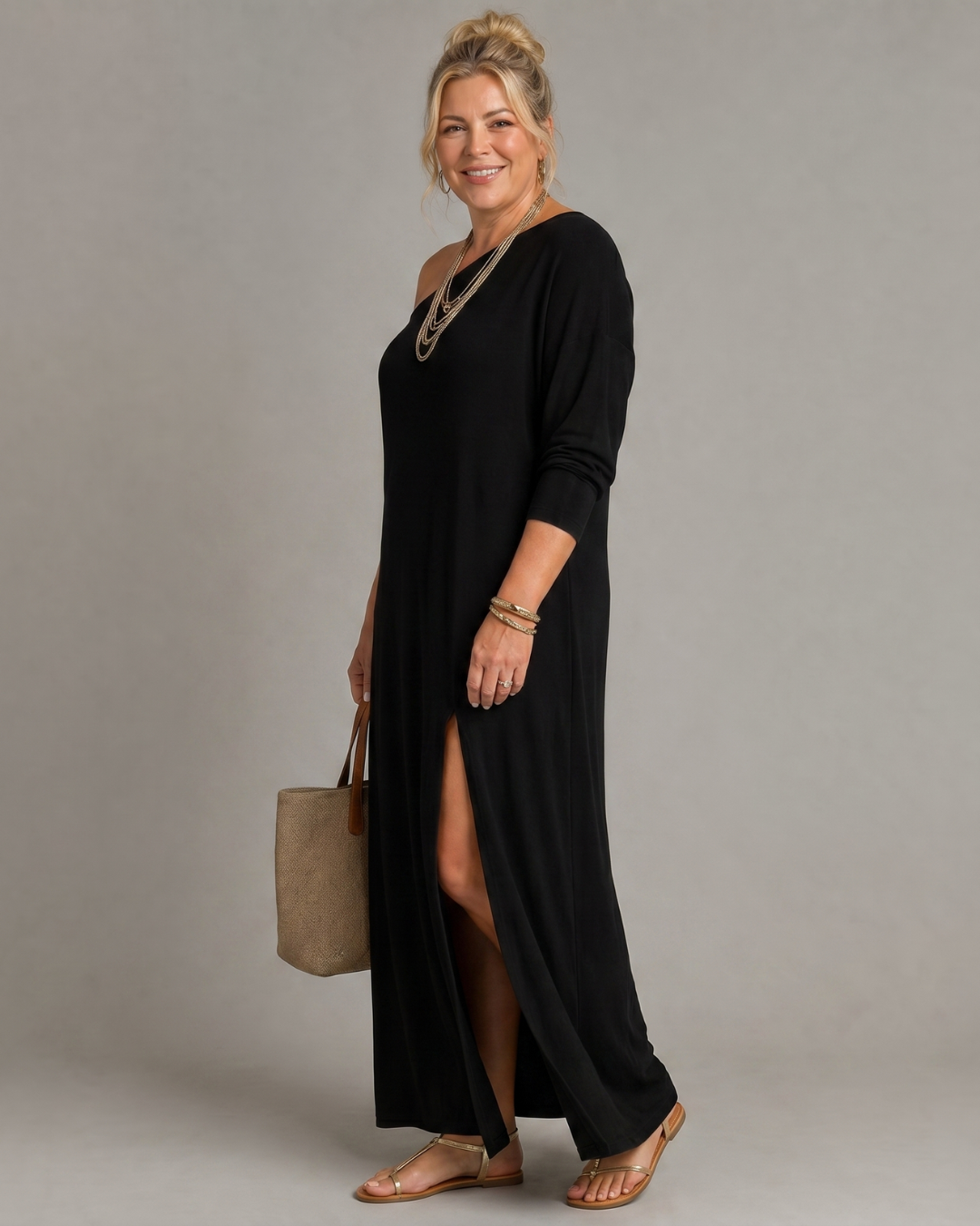Asterelle | Robe Midi Fluide à Épaule Dénudée avec Fente Latérale