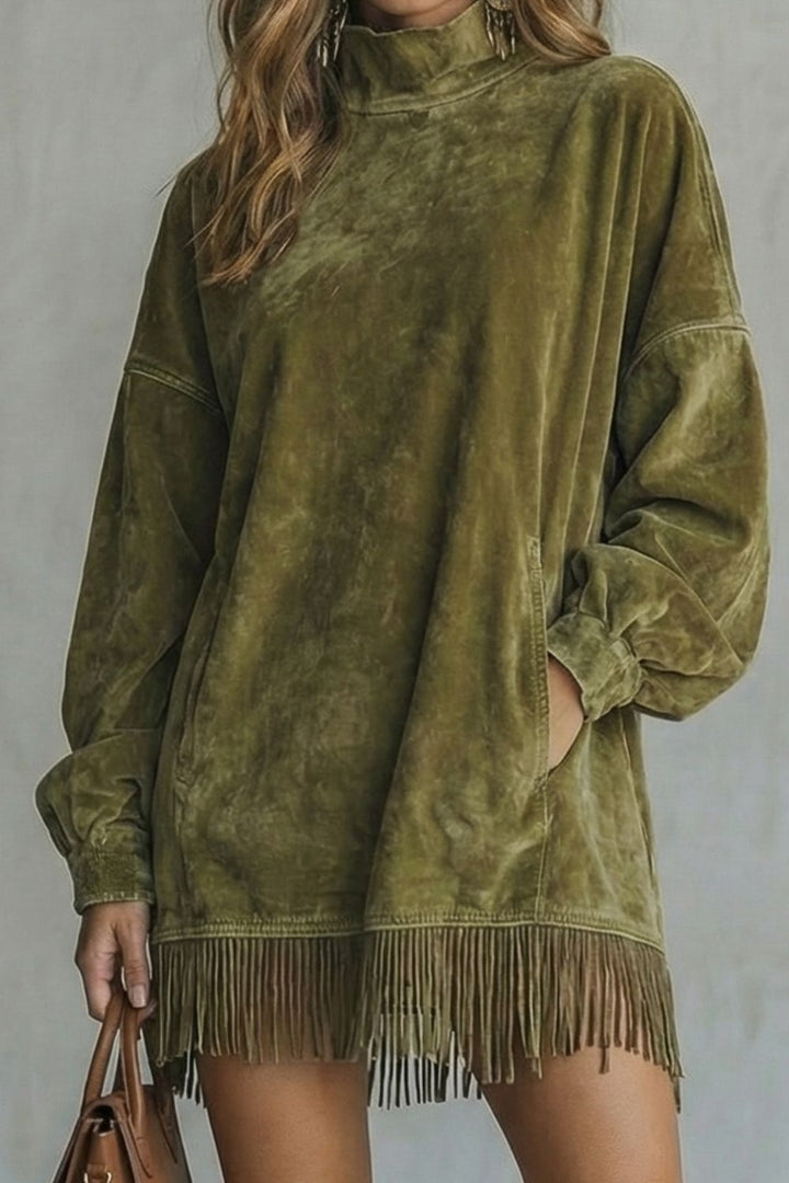 VIRETTA | DÉTAIL FRANGE EN SUÉDINE – ROBE MINI À COL ROLLED