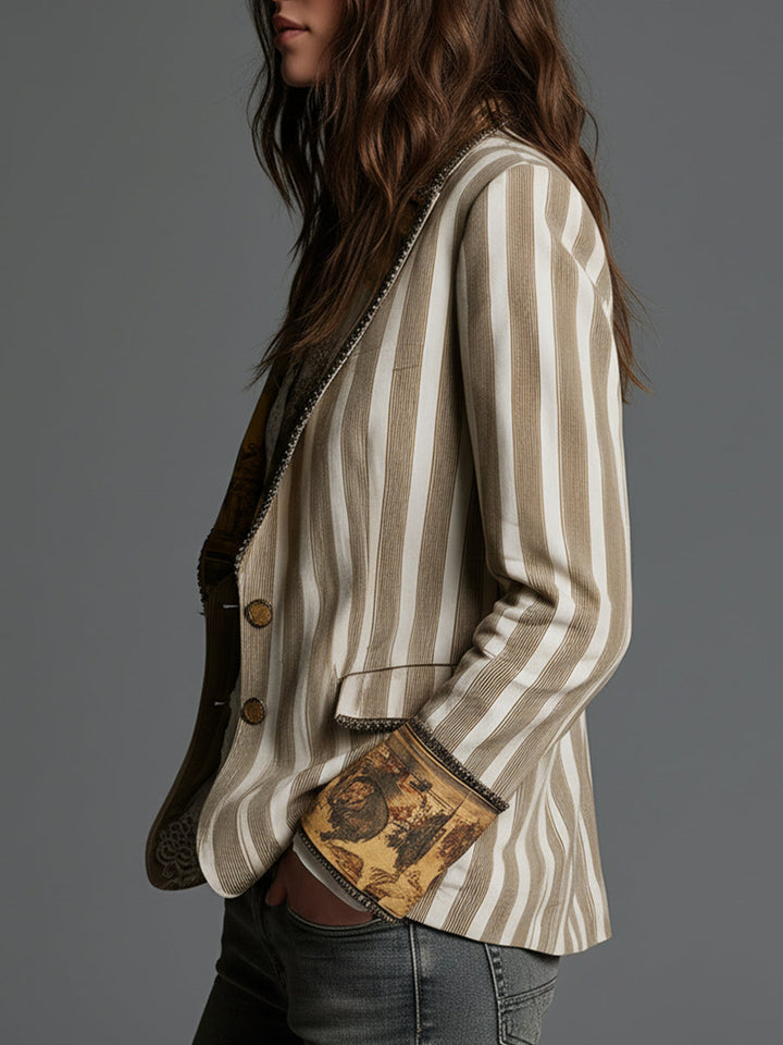 Blazer à Revers Imprimé Rayé Boho pour Femmes