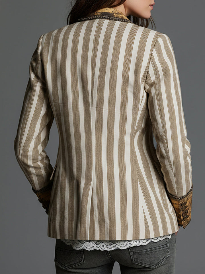 Blazer à Revers Imprimé Rayé Boho pour Femmes