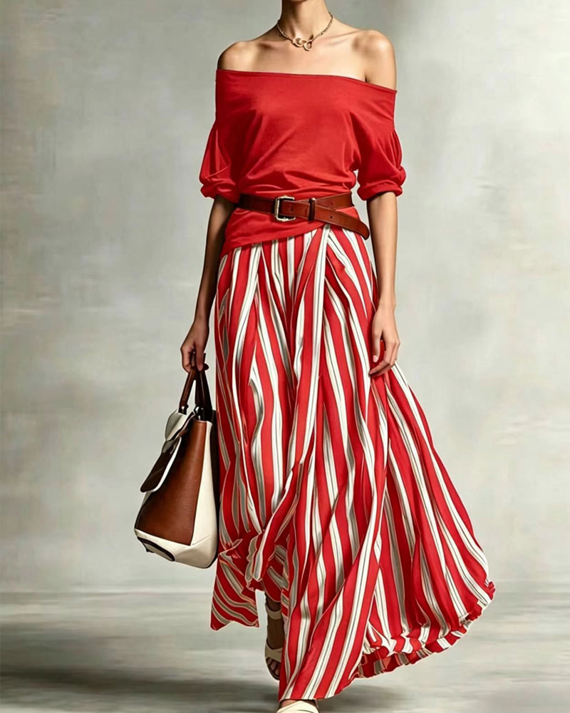 MADISON | Ensemble Jupe Maxi Rayée avec Top Off-Shoulder