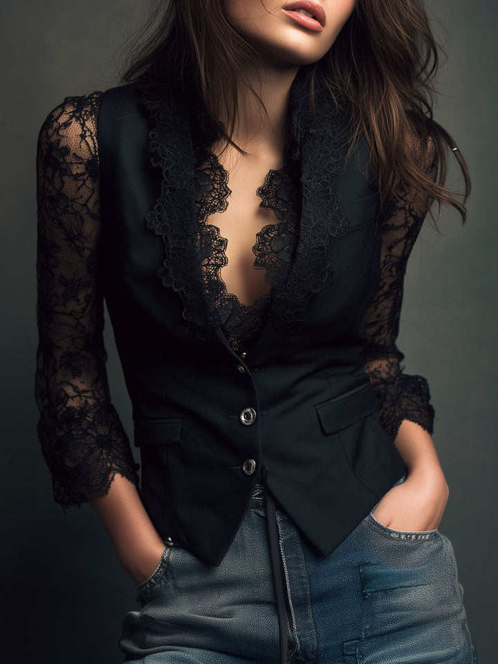 Vittoria | Blazer Noir avec Manches Semi-Transparentes
