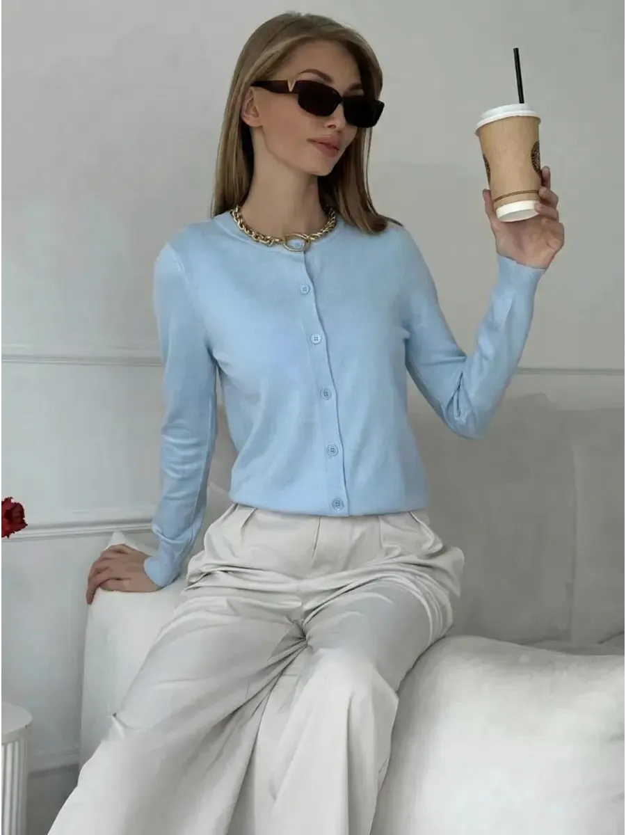 Cardigan femme boutonné — Bleu clair — vue 4