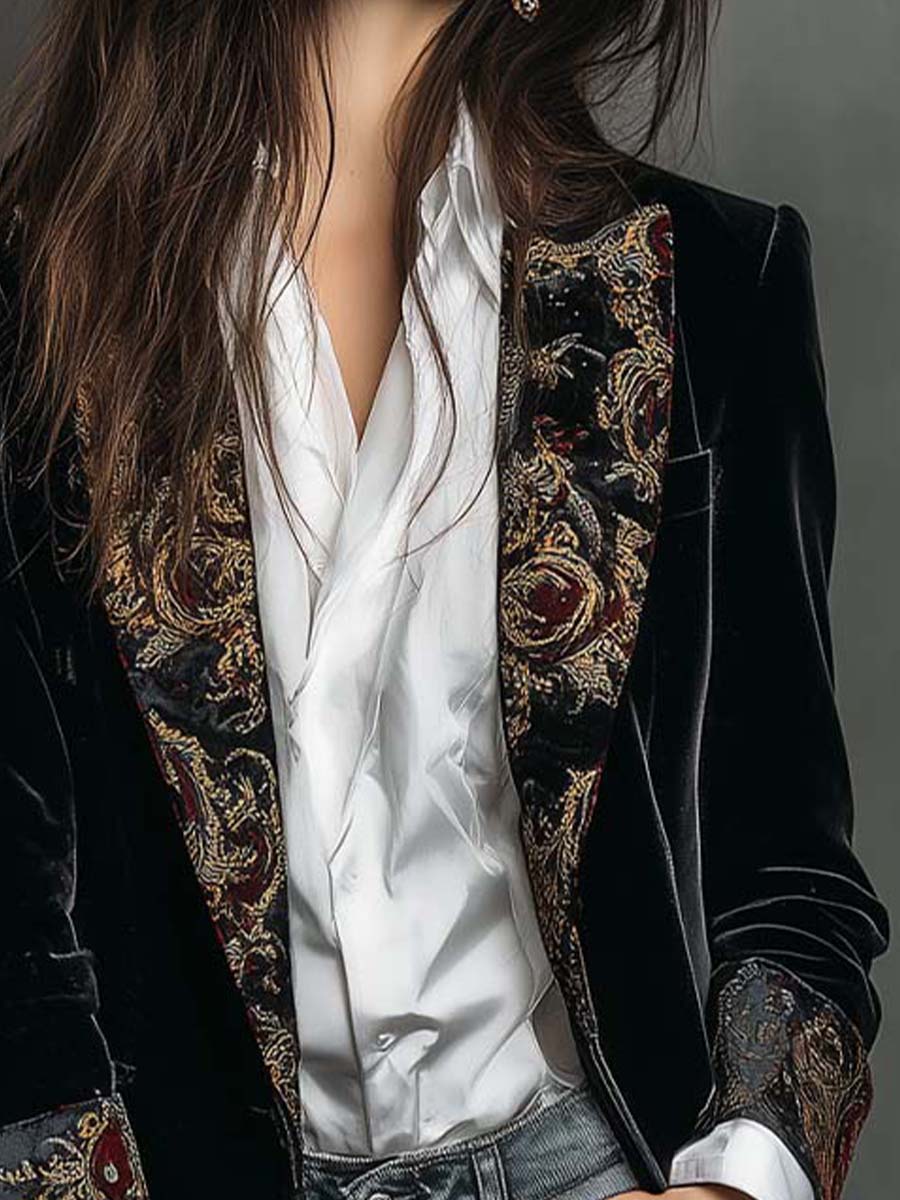 Blazer Slim Fit à Imprimé Baroque Noir pour Femmes