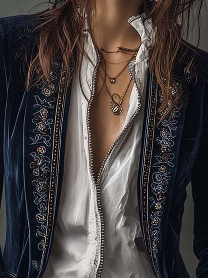 Veste Longue Vintage Brodée Marine pour Femmes