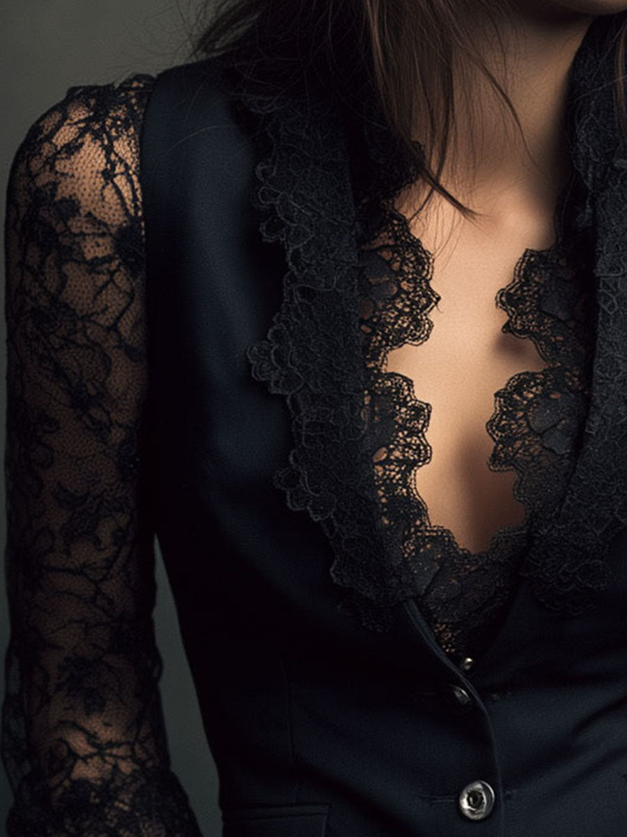 Vittoria | Blazer Noir avec Manches Semi-Transparentes
