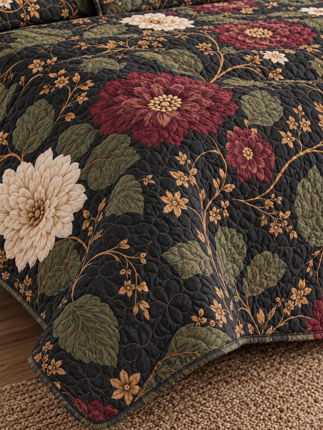 Ensemble de literie matelassé floral botanique sombre 3 pièces