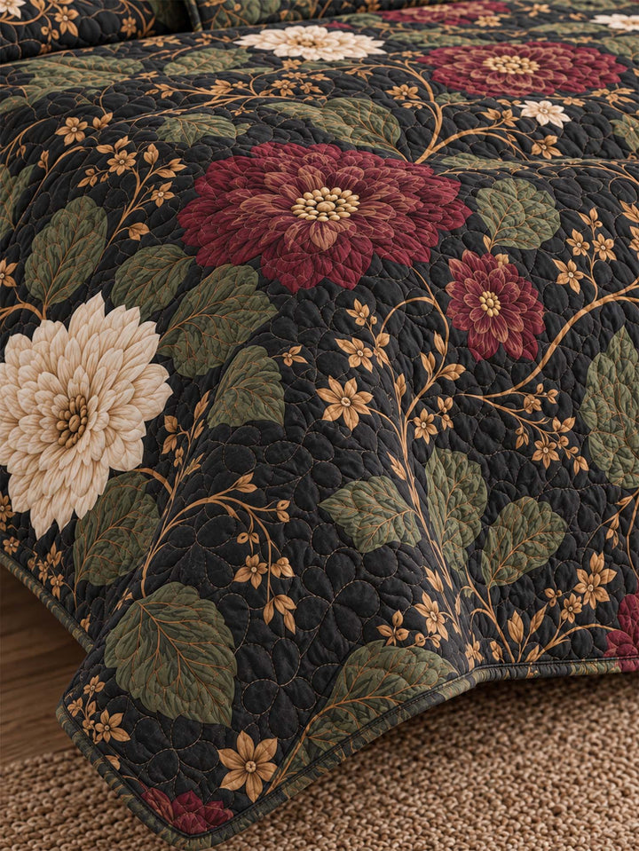 Ensemble de literie matelassé floral botanique sombre 3 pièces