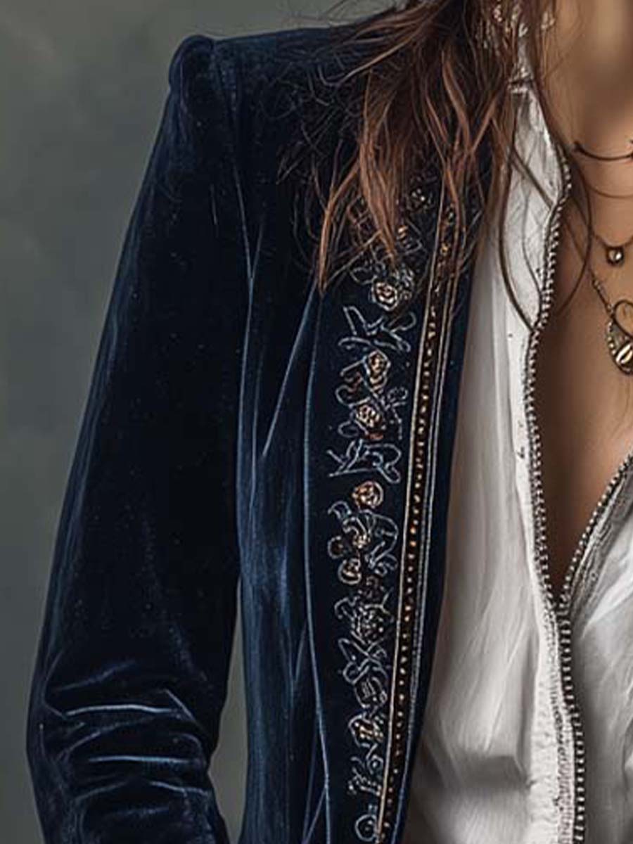 Veste Longue Vintage Brodée Marine pour Femmes