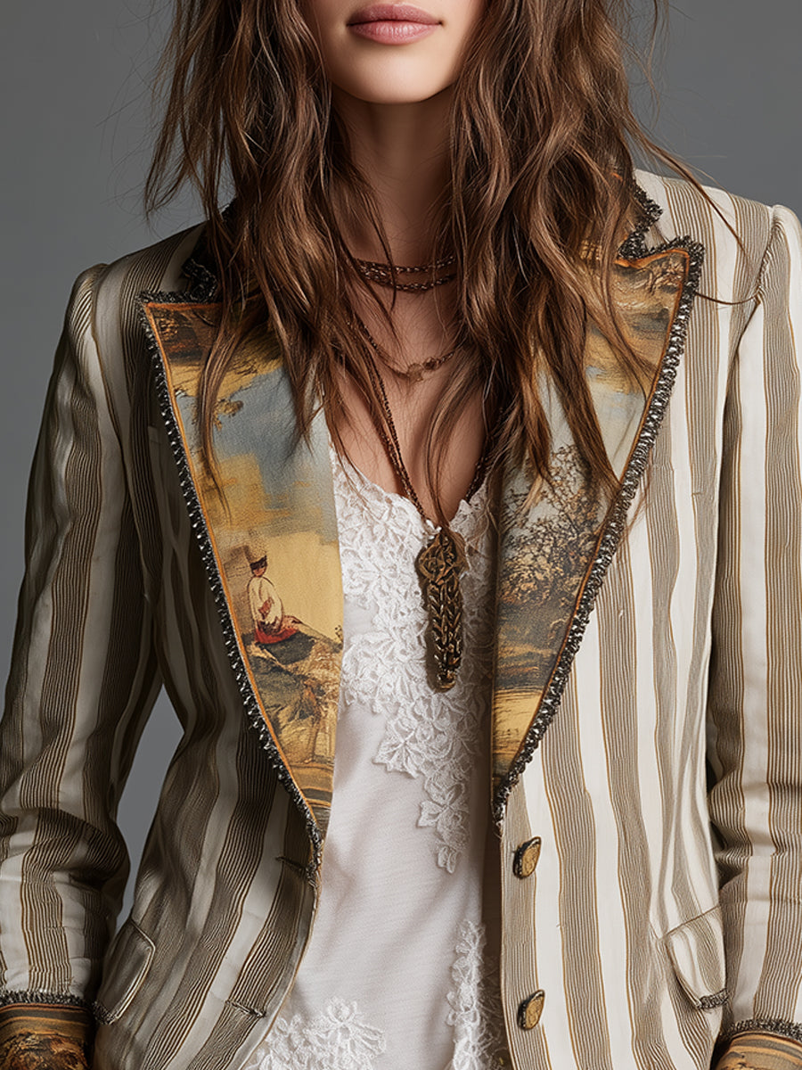 Blazer à Revers Imprimé Rayé Boho pour Femmes