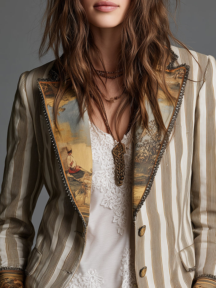 Blazer à Revers Imprimé Rayé Boho pour Femmes