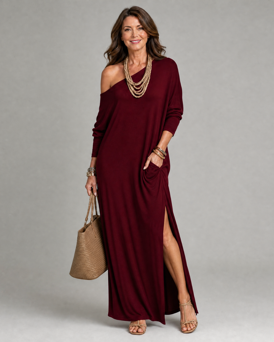 Asterelle | Robe Midi Fluide à Épaule Dénudée avec Fente Latérale