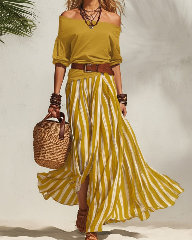 MADISON | Ensemble Jupe Maxi Rayée avec Top Off-Shoulder