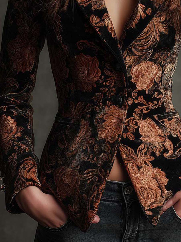 Blazer Tailleur Floral Noir Et Bronze Pour Femmes