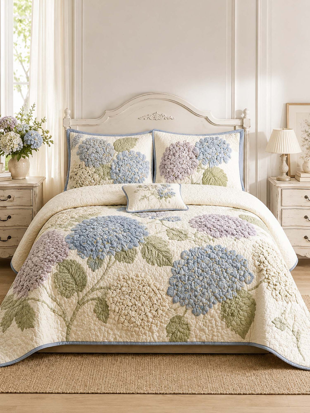 Ensemble de literie matelassé fleuri en hortensia 3 pièces