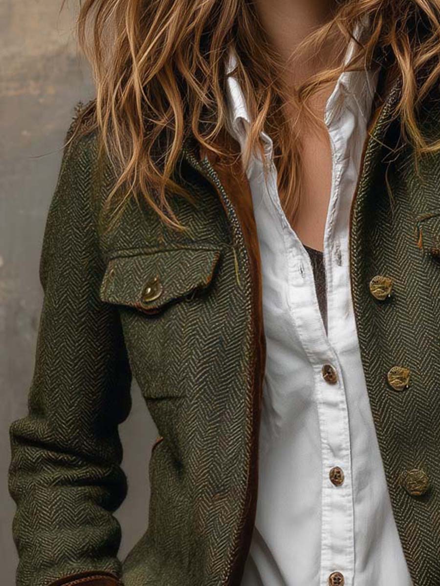 Blazer Vintage Femme en Herringbone avec Bord Contraste