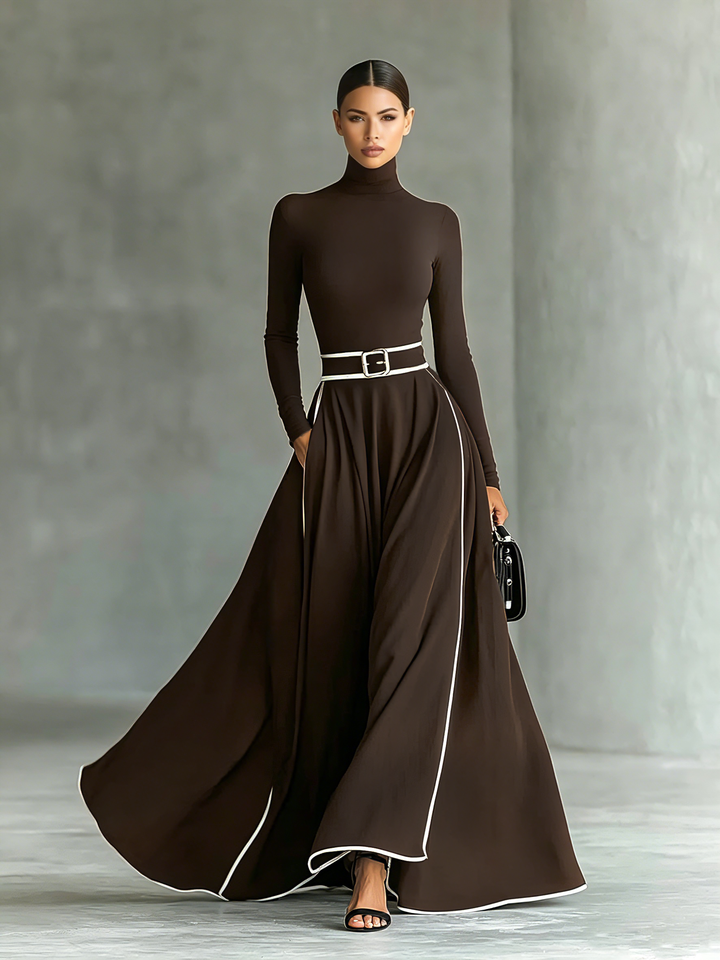 Gina – Robe Maxi Femme Noire avec Coutures Blanches et Col Montant, Manches Longues, Taille Cintrée