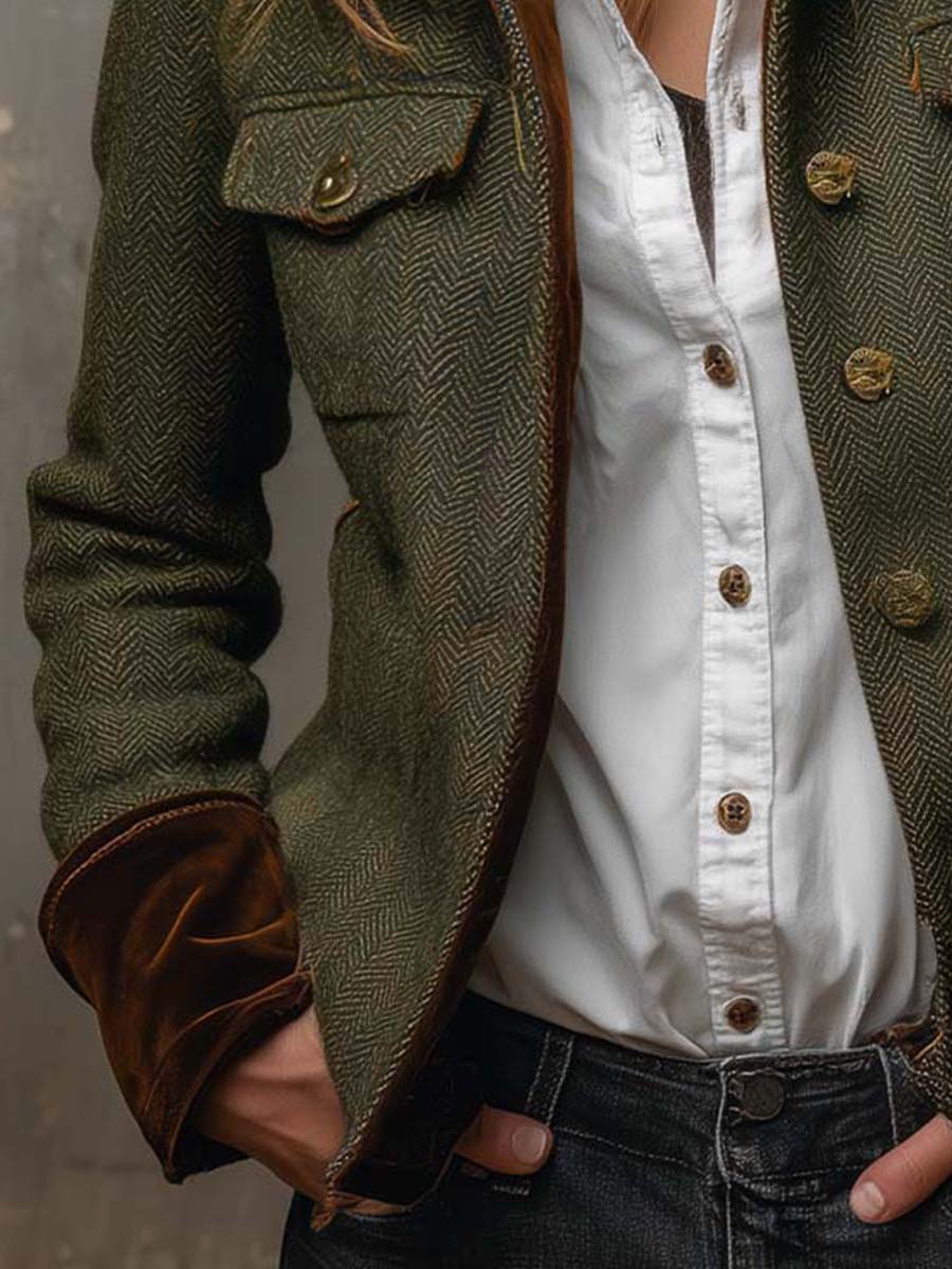 Blazer Vintage à Rayures Chevron avec Détails Contrastants pour Femmes