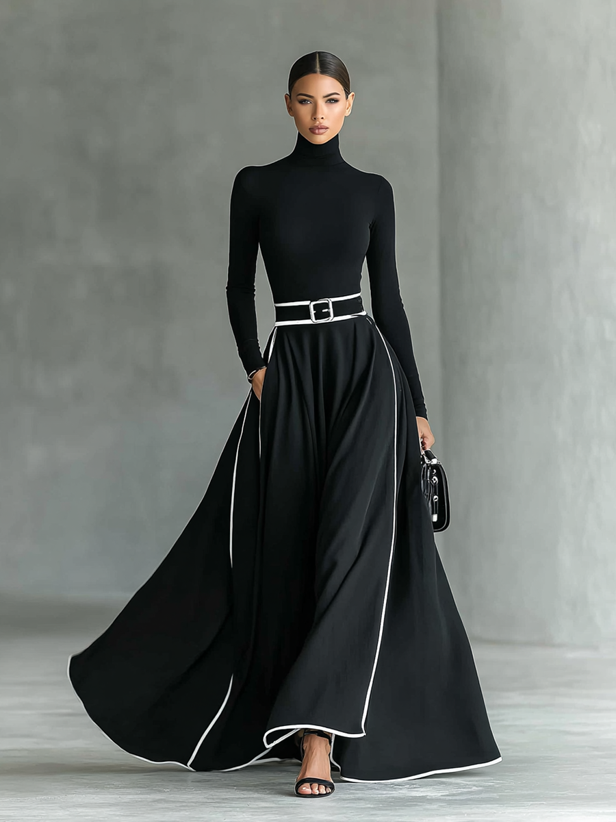 Gina – Robe Maxi Femme Noire avec Coutures Blanches et Col Montant, Manches Longues, Taille Cintrée