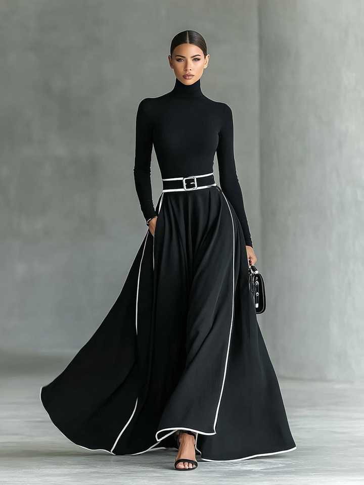 Gina – Robe Maxi Femme Noire avec Coutures Blanches et Col Montant, Manches Longues, Taille Cintrée