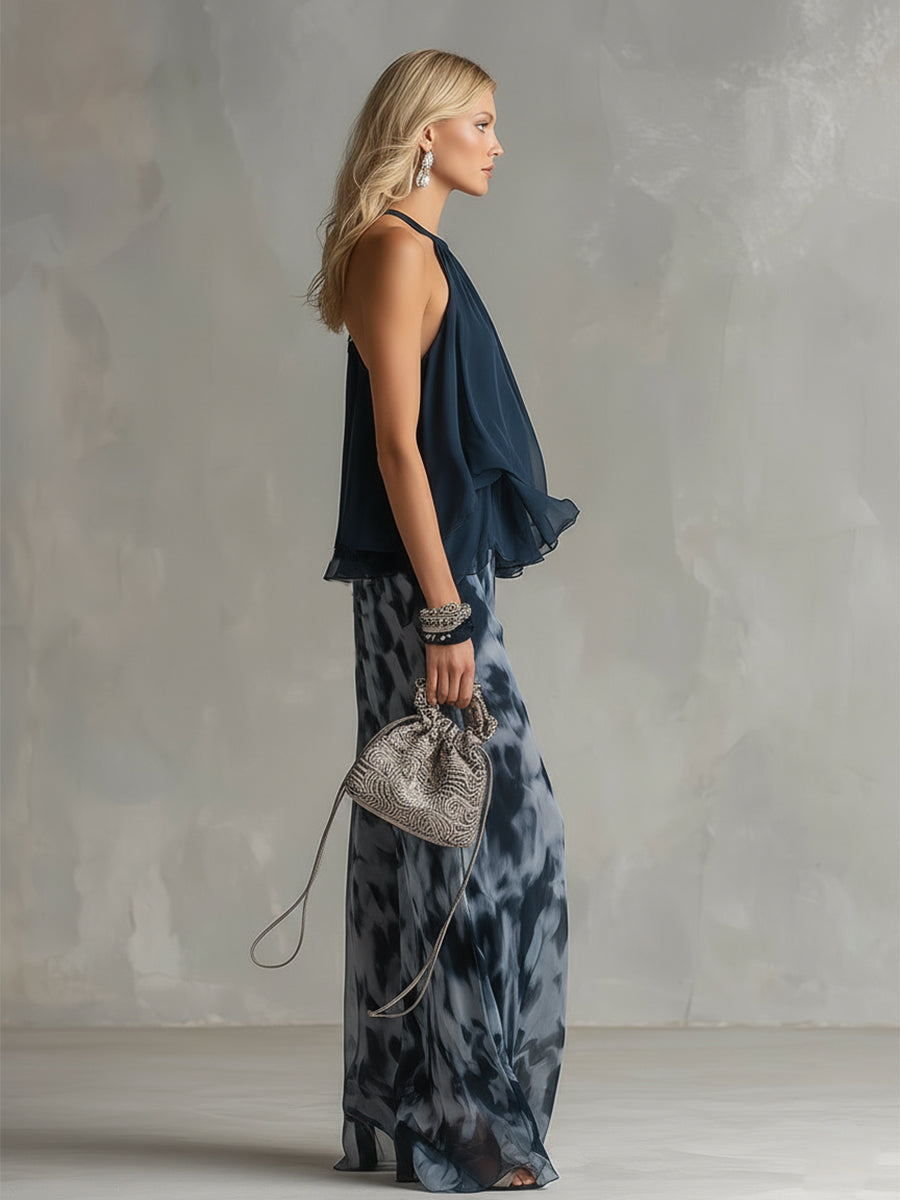 Ludovica | Ensemble élégant en top halter bleu marine et pantalon large imprimé