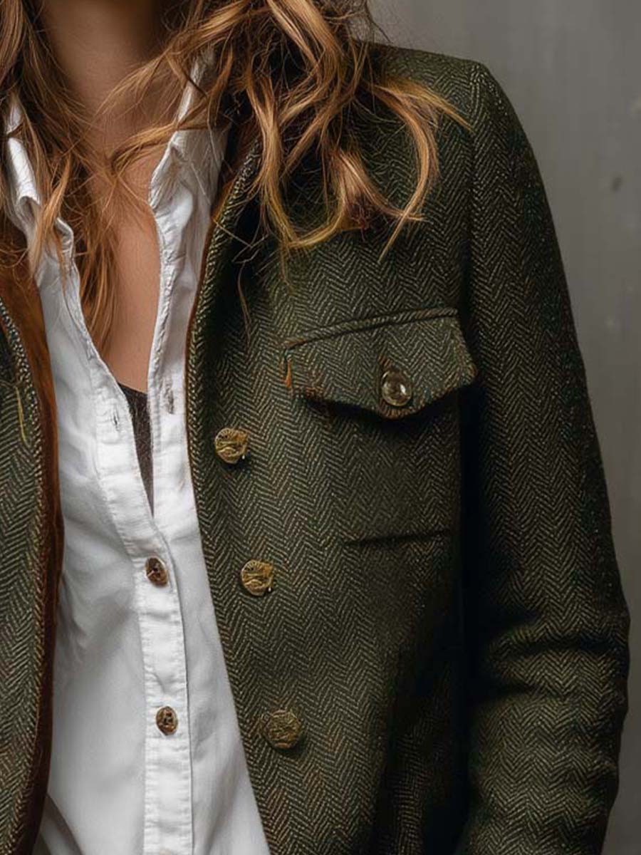 Blazer Vintage à Rayures Chevron avec Détails Contrastants pour Femmes