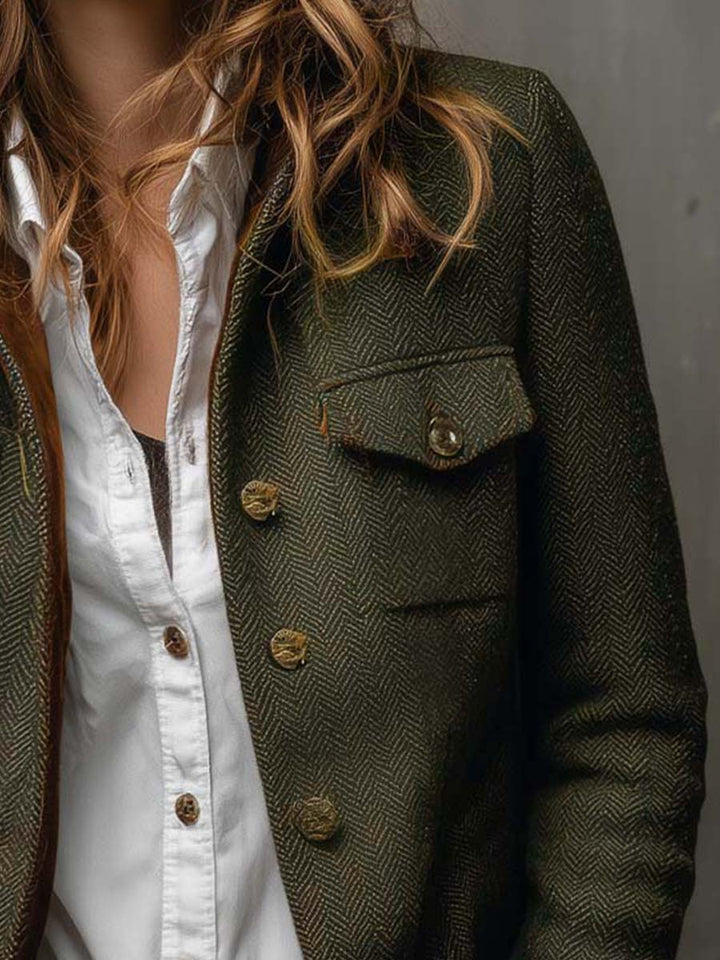 Blazer Vintage Femme en Herringbone avec Bord Contraste