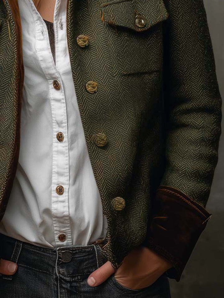 Blazer Vintage Femme en Herringbone avec Bord Contraste