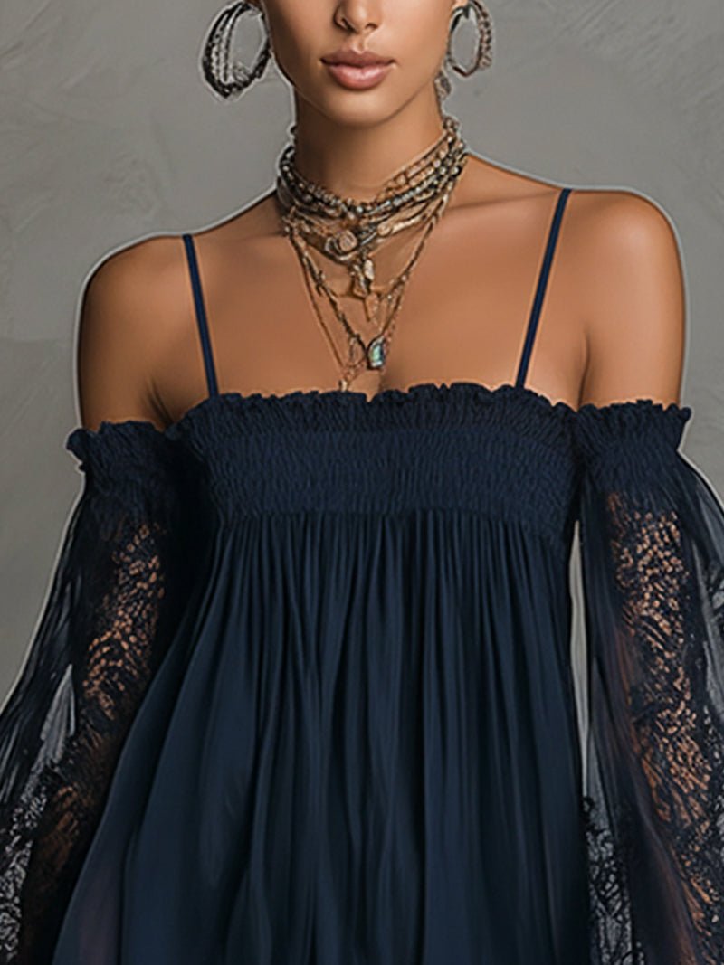 Louisa | Robe en Chiffon avec Manches en Dentelle à Épaules Dégagées