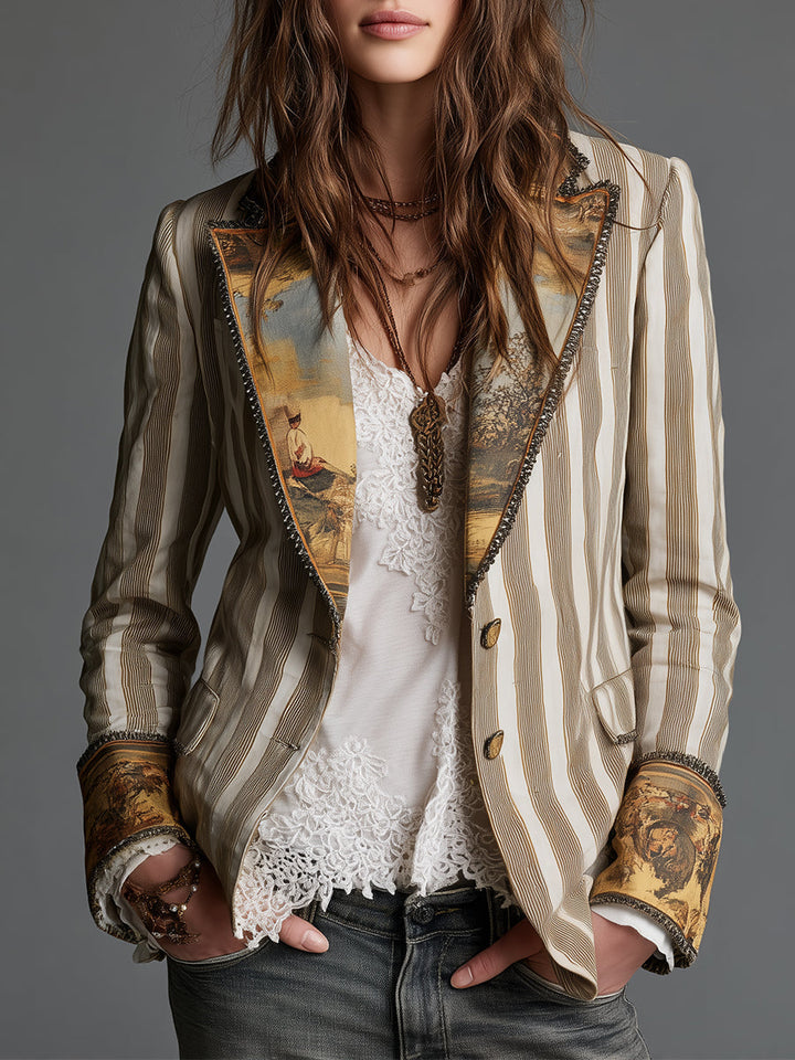 Blazer à Revers Imprimé Rayé Boho pour Femmes