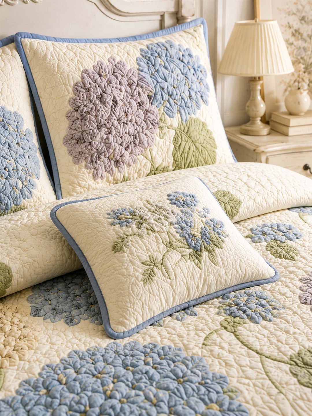 Ensemble de literie matelassé fleuri en hortensia 3 pièces