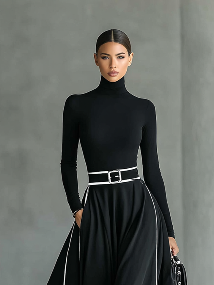 Gina – Robe Maxi Femme Noire avec Coutures Blanches et Col Montant, Manches Longues, Taille Cintrée