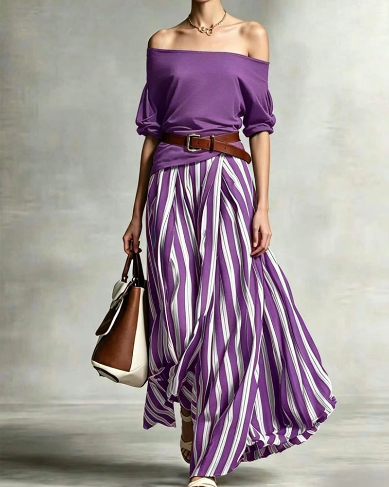 MADISON | Ensemble Jupe Maxi Rayée avec Top Off-Shoulder